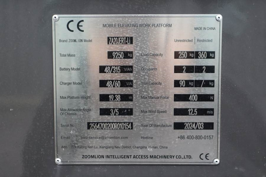 Zglobna dvižna ploščad Zoomlion ZA20JERT-LI Fully Electric Lithium-Powered, 4x4 Ro: slika 6