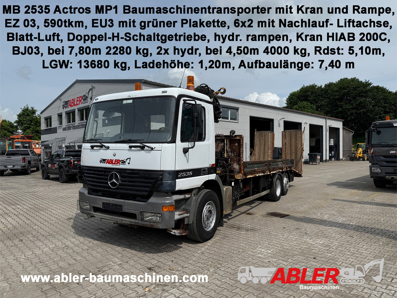 Mercedes-Benz 2535 Actros MP1 Baumaschinentransporter mit Kran und Rampen - Tovornjak avtotransporter, Tovornjak z dvigalom: slika 1 Mercedes-Benz 2535 Actros MP1 Baumaschinentransporter mit Kran und Rampen - Tovornjak avtotransporter, Tovornjak z dvigalom: slika 1