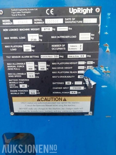 2008 UpRight AB46E bomlift med knekkarm - Arbeidshøyde 16,1 m. - Vekt: 6 700 kg - Timer: 217! - Dvižna ploščad: slika 5 2008 UpRight AB46E bomlift med knekkarm - Arbeidshøyde 16,1 m. - Vekt: 6 700 kg - Timer: 217! - Dvižna ploščad: slika 5