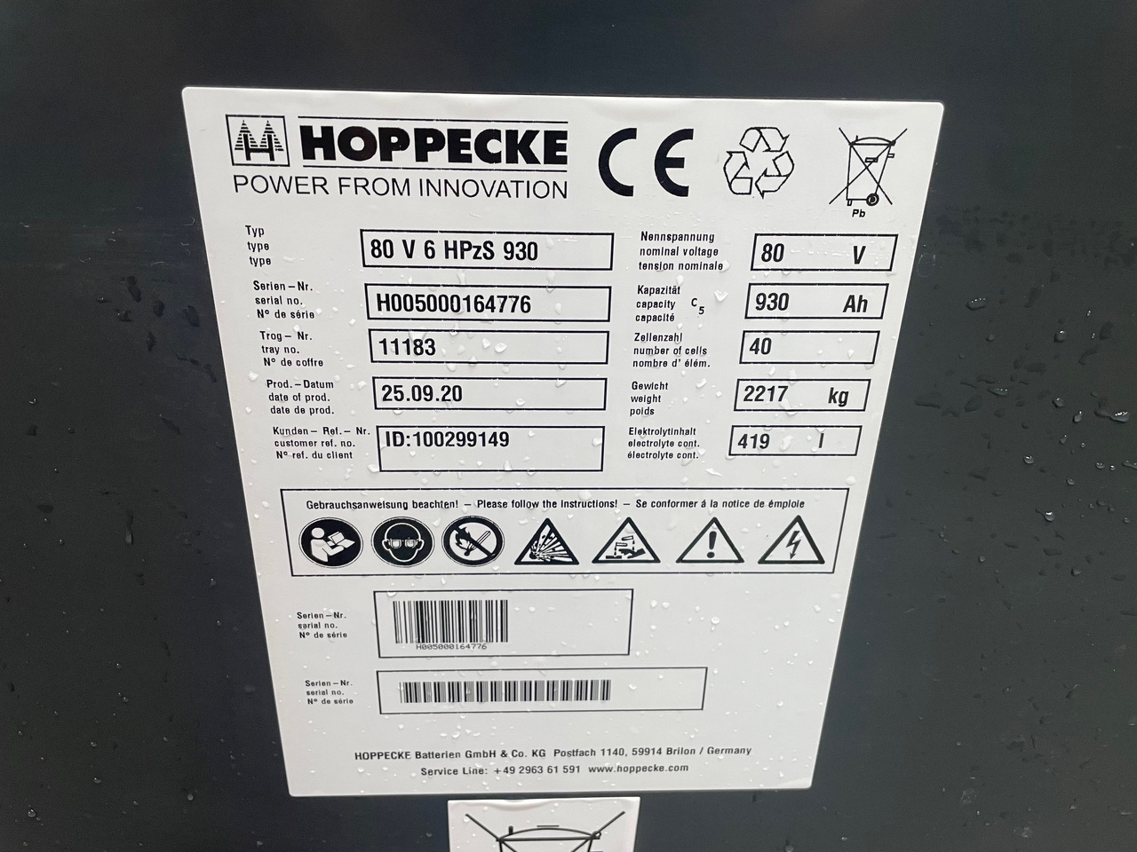 Hoppecke 80V 6 HPZS 930 - Akumulator za Oprema za rokovanje z materiali: slika 2 Hoppecke 80V 6 HPZS 930 - Akumulator za Oprema za rokovanje z materiali: slika 2