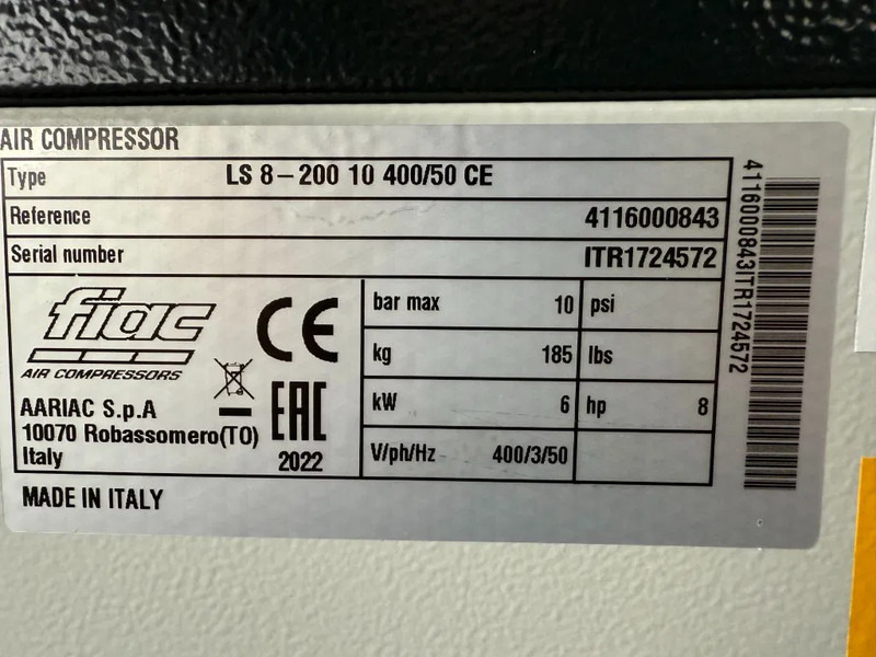 Fiac LS 8 - 200 Elektrische Schroefcompressor 6 kW 736 L / min 10 Bar New ! Overstock ! - Zračni kompresor: slika 3 Fiac LS 8 - 200 Elektrische Schroefcompressor 6 kW 736 L / min 10 Bar New ! Overstock ! - Zračni kompresor: slika 3