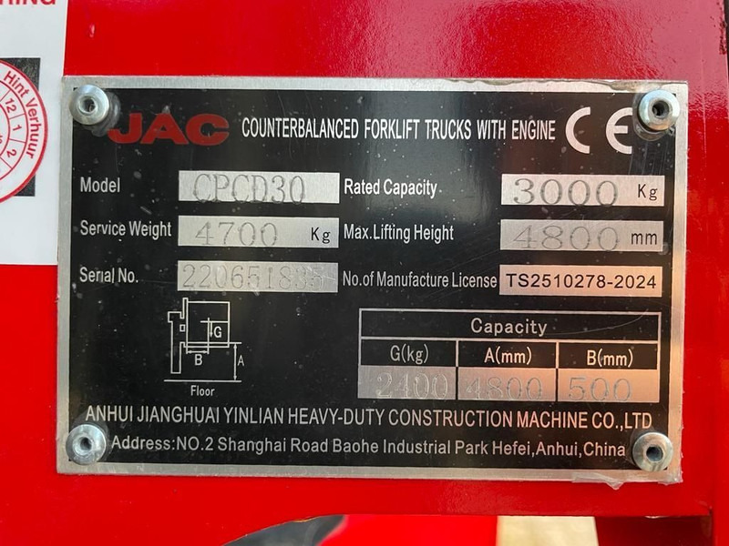 Isuzu JAC CPCD30 3 ton Triplex Freelift Sideshift Diesel Heftruck New ! - Diesel viličar: slika 3 Isuzu JAC CPCD30 3 ton Triplex Freelift Sideshift Diesel Heftruck New ! - Diesel viličar: slika 3
