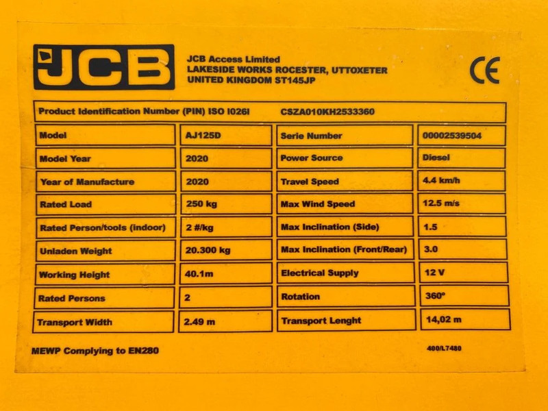 Teleskopska dvižna ploščad JCB AJ125D Diesel Telescoop Hoogwerker 40 Meter Werkhoogte as New !: slika 7