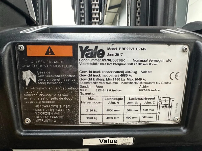 Yale ERP22VL 2.2 ton Triplex Freelift Sideshift Elektra Heftruck Accu 2022 - Električni viličar: slika 5 Yale ERP22VL 2.2 ton Triplex Freelift Sideshift Elektra Heftruck Accu 2022 - Električni viličar: slika 5
